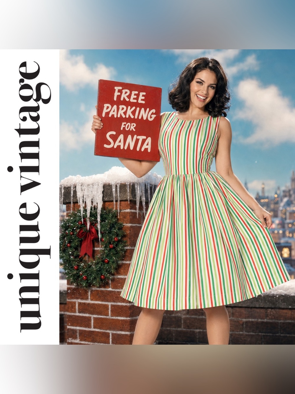 Unique Vintage Red & Green Holiday Stripe Print 1950s Swing Dress, Med/Large